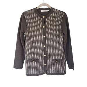 Carte Knit By Mario Wool Acrylic Brown Houndstooth Cardigan Preppy Classic